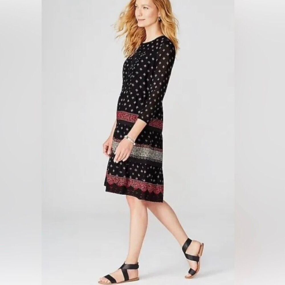 J Jill Pintucked Lace Trim Midi Dress Tiered A-Line Black Red Women Medium Boho - Picture 3 of 11